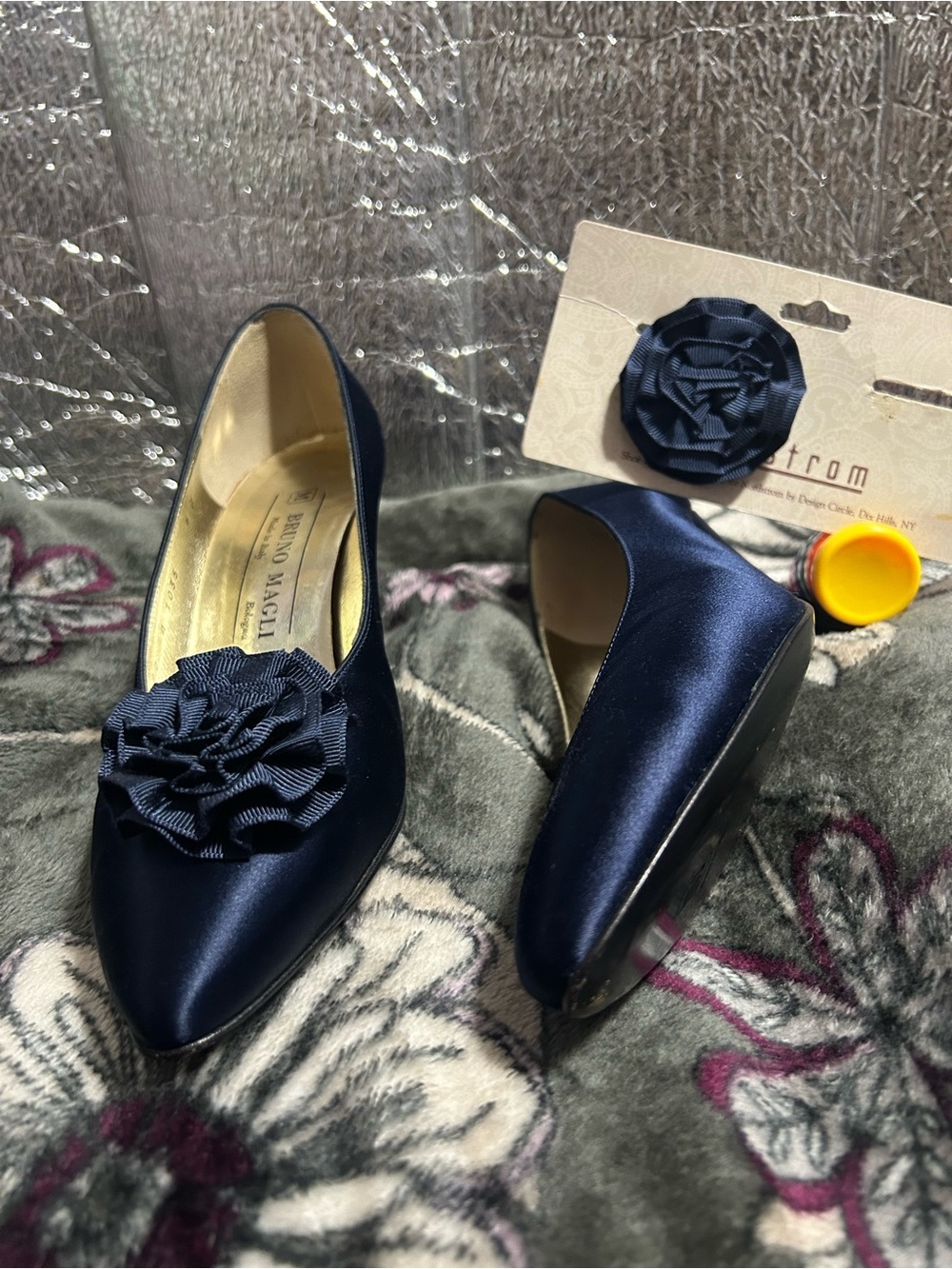 Bruno Magli Navy Satin Pointed Toe Flats with Floral Rosette